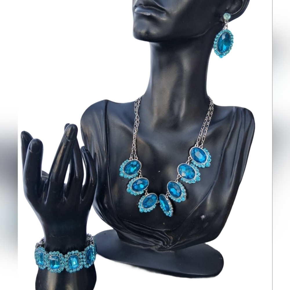 P.O.F.J. Signed Blue Crystal Statement Necklace Bracelet & Earring Suite